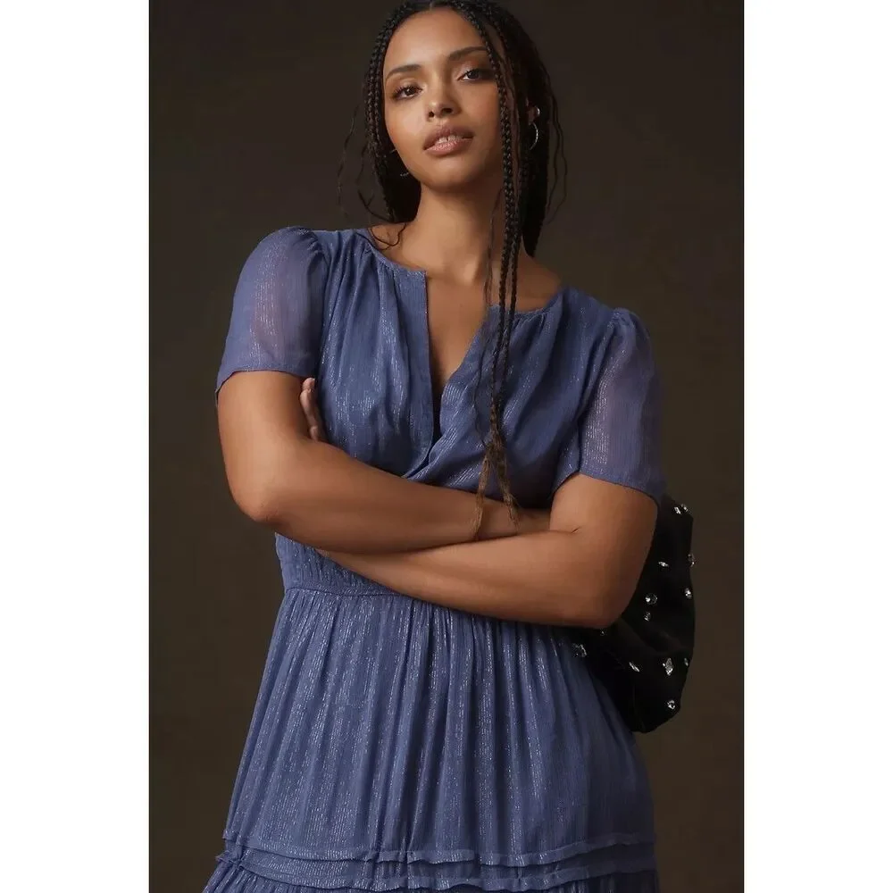 Anthropologie The Somerset Maxi Dress Lurex Edition Metallic Marin Navy S NEW - Picture 7 of 8
